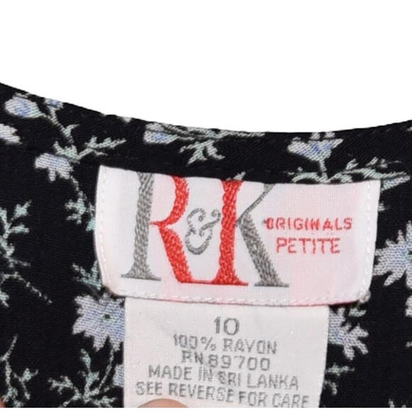 Vintage 90s Dainty Floral Petite Black Blue Floral Midi Dress Sz 10 Sleeveless - Picture 2 of 6